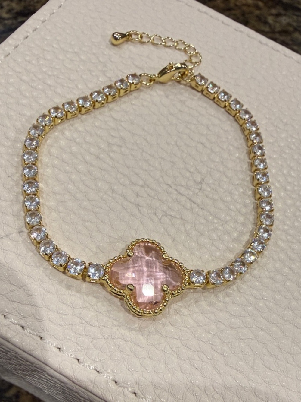 Gold Filled Tennis Bracelet with Pink Clover Center